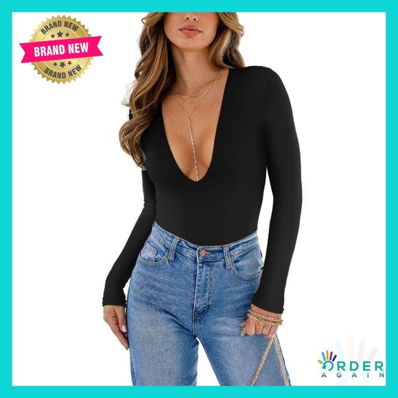 Sexy Plunge V-Neck Long Sleeve Bodysuit Double Lined Y2K Chic Going Out Top